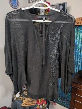 Envi Black Beaded Tie-Neck Sheer Sweater With Sequin Design, Size 8